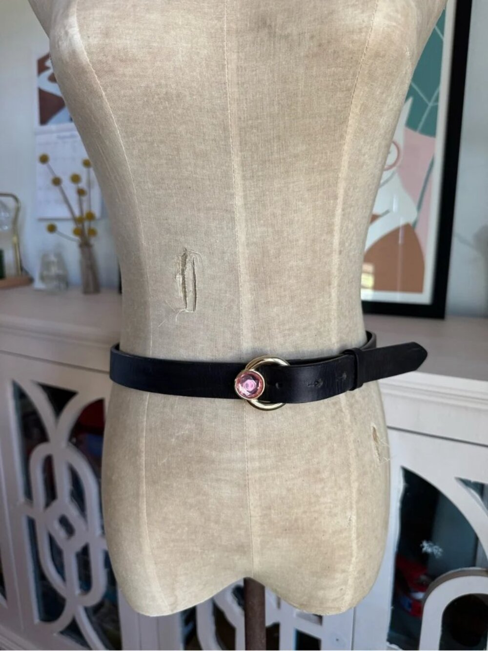 Anthropologie Black Leather Belt with Pink Gem Stone